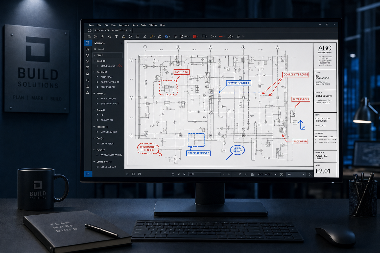 Bluebeam Revu electrical plan markup on desktop monitor