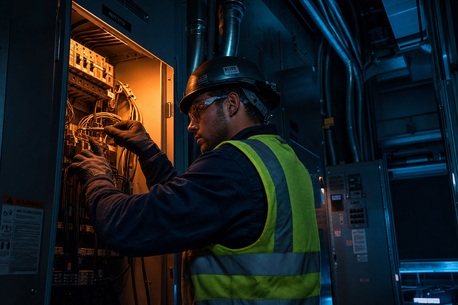 Electrician working on industrial panel with amber and blue lighting