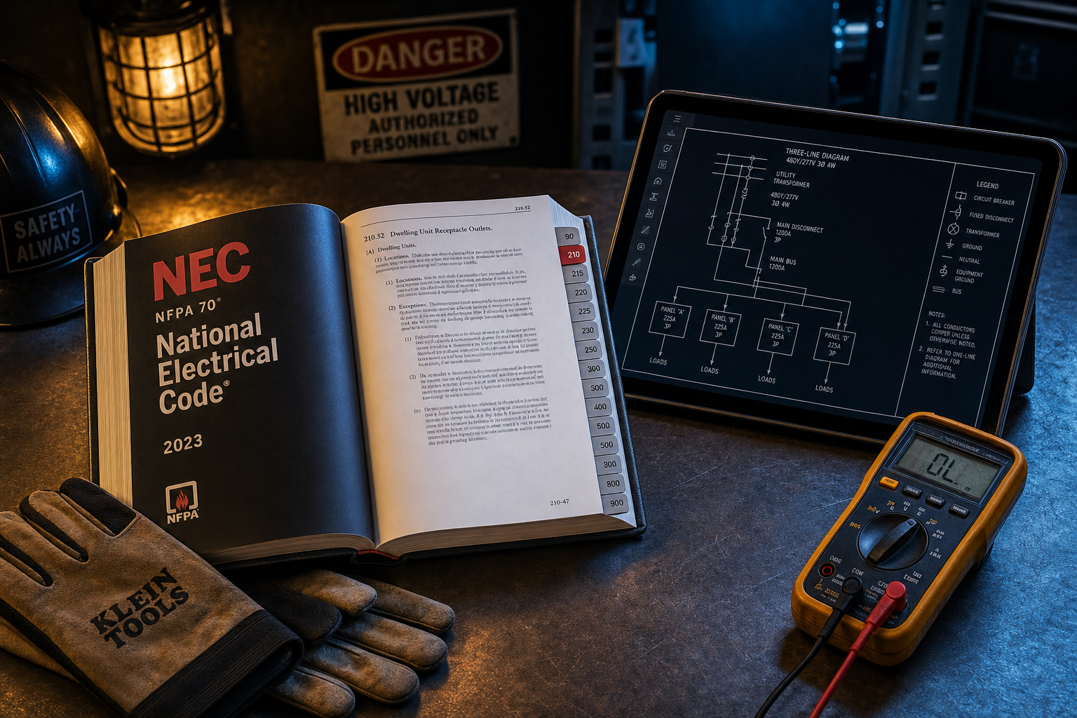 NEC code book open alongside a multimeter and electrical diagrams